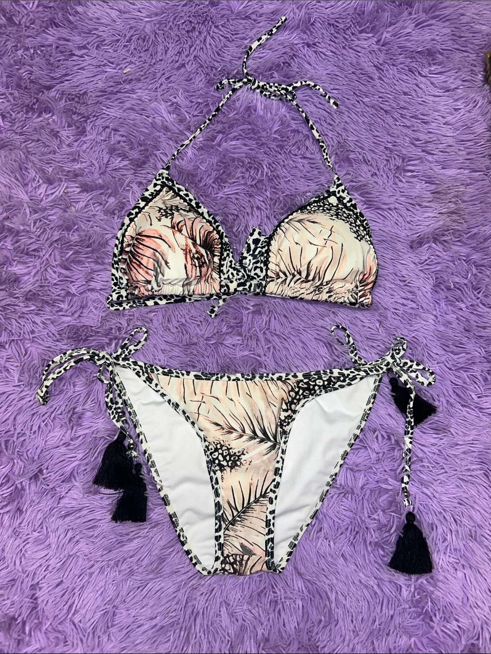 VENUS Pink Palm Print Triangle Bikini with Black Tassels